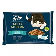 Állateledel alutasakos FELIX Tasty Shreds macskáknak 4-pack halas lazac-tonhal válogatás szószban 4x80 g