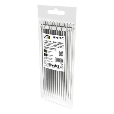 Kábelkötegelő-gyorskötöző ENTAC 200mm x 2,5mm fehér 50 darabos